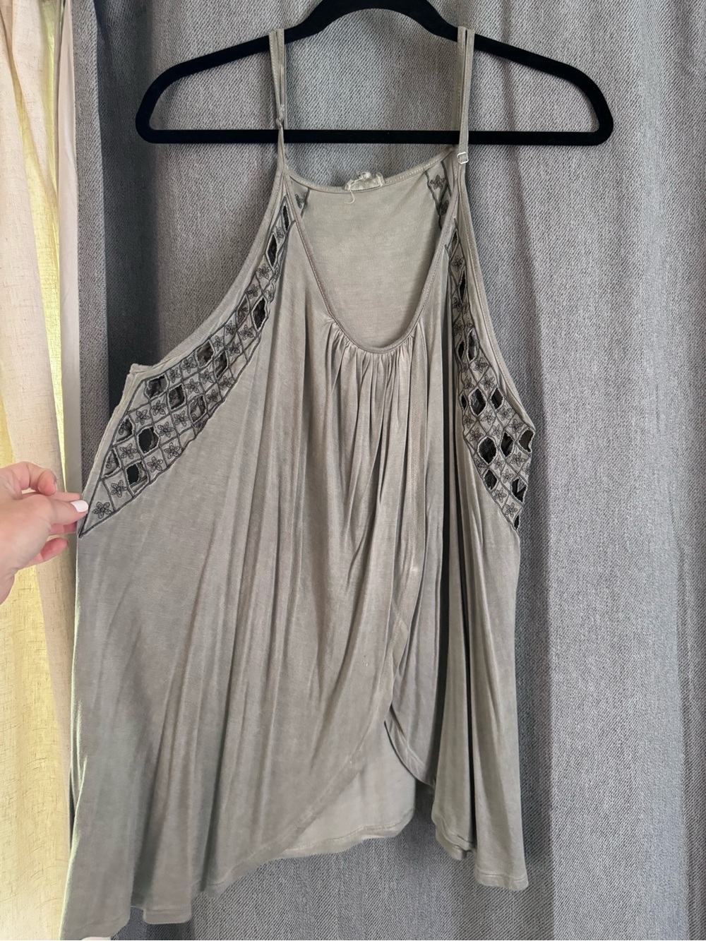 POL Sage Gray Embroidered Spaghetti-Strap Tank